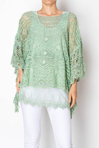 Ornate Crochet Poncho Top With Geometric Embroidered Details