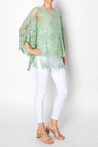 Ornate Crochet Poncho Top With Geometric Embroidered Details