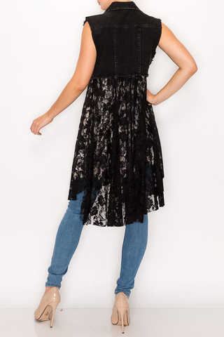 CROPPED DENIM VEST WITH LACE LAYER bk