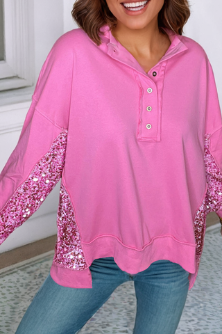 Sequined Patchwork Henley Sweatshirt