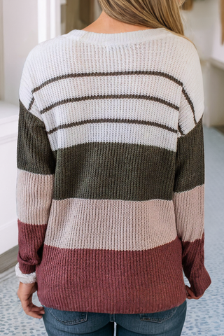 Color Block Striped Buttoned Shoulder Split Sweater