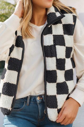 Checked Snap Button Sherpa Jacket