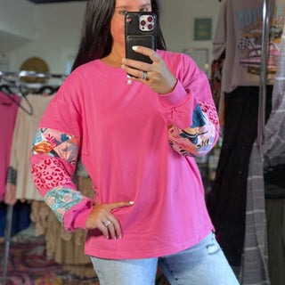 Mixed Print Patch Drop Shoulder Pullover Top