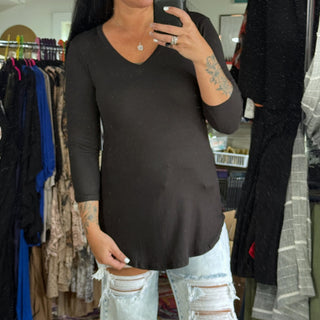 Brushed Hacci Black V Neck Swoop Bottom Long Sleeve Top