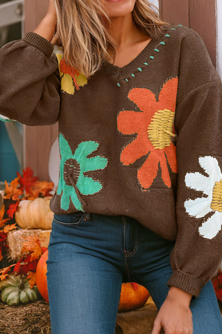 Big Flower Pattern V Neck Drop Shoulder Sweater