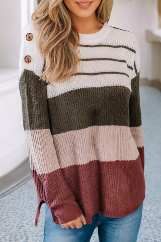 Color Block Striped Buttoned Shoulder Split Sweater