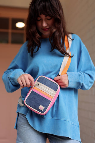 Crossbody Purse- Denim Print (Denim/Cream/Pink)