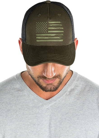 Five Panel Trucker Hat: Painted American Flag (Olive/Black)