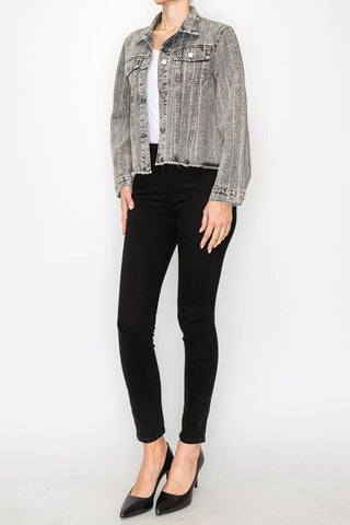 Stunning Denim Jacket With Stripe Sparkle Designs - Washed Black