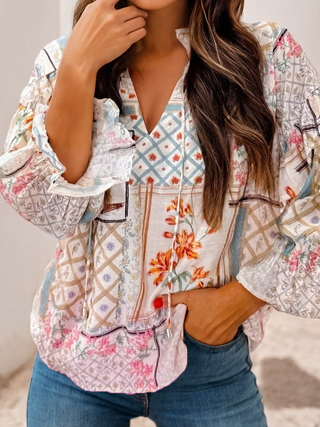 Patch Floral Ruffle Sleeve Blouse
