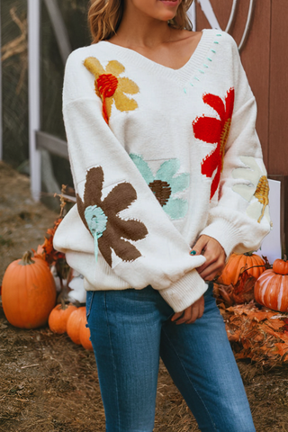 Big Flower Pattern V Neck Drop Shoulder Sweater