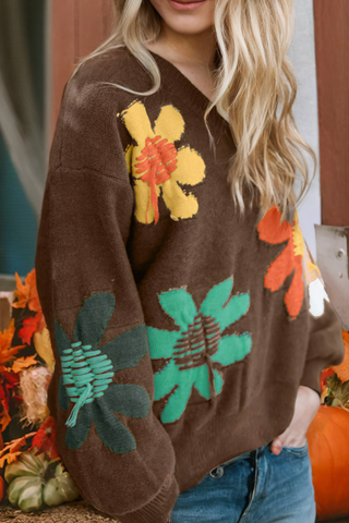 Big Flower Pattern V Neck Drop Shoulder Sweater