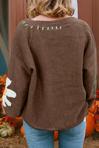 Big Flower Pattern V Neck Drop Shoulder Sweater