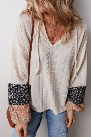 Floral Patchwork Textured Knit Drawstring V Neck