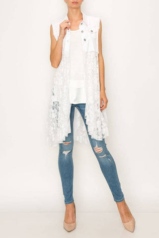 CROPPED DENIM VEST WITH LACE LAYER white