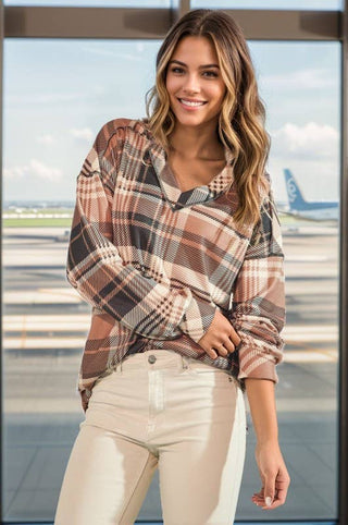 LONG PUFF SLEEVE MULTI PLAID TOP