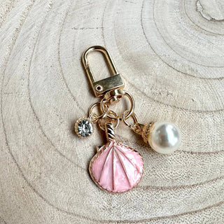 Clam Shell Enamel Keychain Charm Pearl Rhinestone