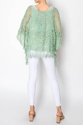 Ornate Crochet Poncho Top With Geometric Embroidered Details