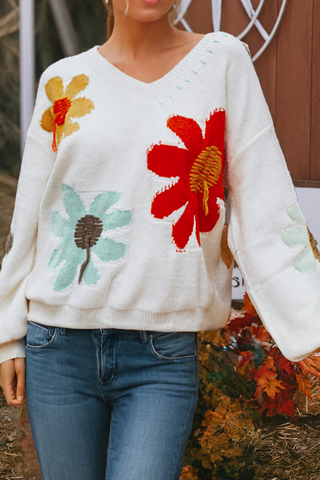 Big Flower Pattern V Neck Drop Shoulder Sweater