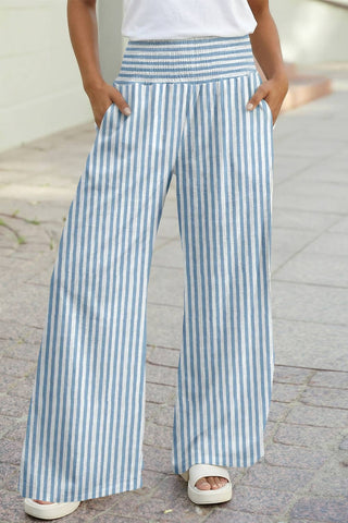 Coastal Vertical Striped Smocked Wide-Leg Pants