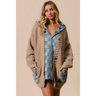 WASHED CHECKER DENIM ZIP UP SWEATER CARDIGAN