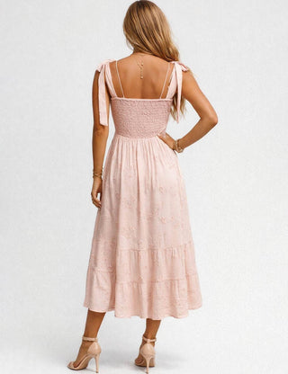 Ladies Embroidery Square Neck Tie Shoulder Strap Midi Dress