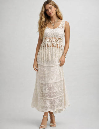 Crochet Hollow-Out Tassel Top &  Lace Midi Skirt Set