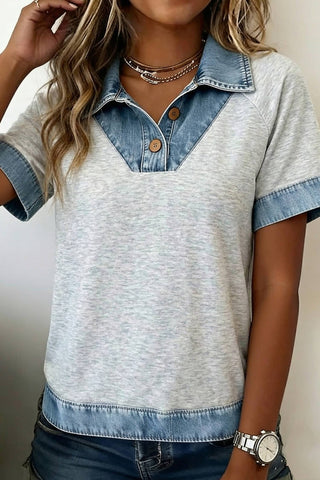 Denim Color Block Patchwork Button Detail Collared Blouse