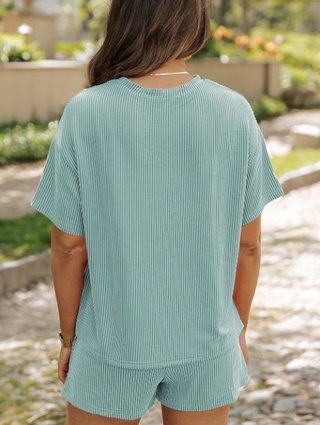 Orange Ribbed Textured Knit Loose Fit Tee Shorts Set