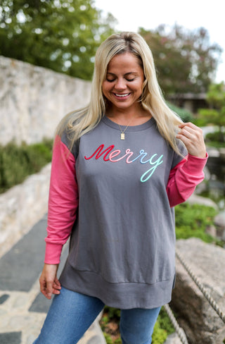 Merry 3D Embroidered Sweatshirt in Grey/Vintage Red
