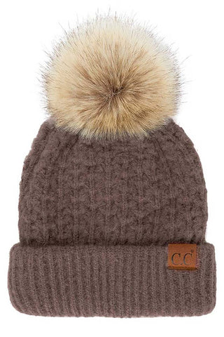 C.C Smocking Stitch Pattern Cuff Beanie with Pom Winter Hat