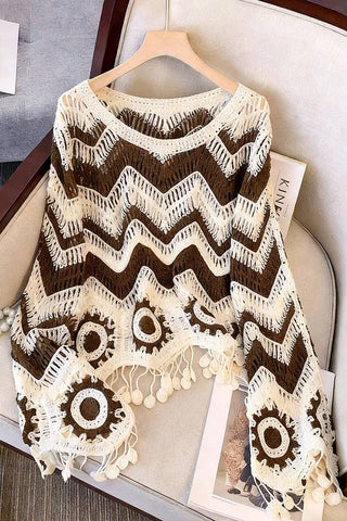 Zigzag Pattern Sweater with Tassels