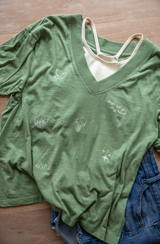 Boyfriend V Neck Short Sleeve- Matcha Faith Embroidery