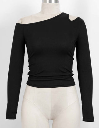 Ladies Chic One Shoulder Cut Out Solid Color Long Sleeves Top