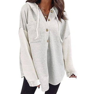 Colorblock Knit Sleeve Hoodie – Casual Button Down Top