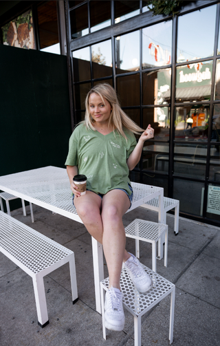 Boyfriend V Neck Short Sleeve- Matcha Faith Embroidery
