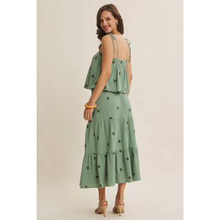 SUNSET FIELD EMBROIDERED COTTON GAUZE SMOCKED MIDI SKIRTS