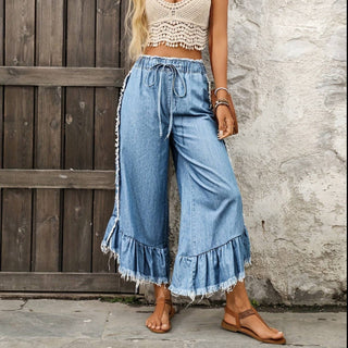Tie Drawstring Elastic Waist Wide Leg Jeans