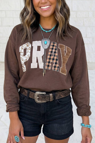 PRAY Letter Embroidered Western Pullover Sweatshirt