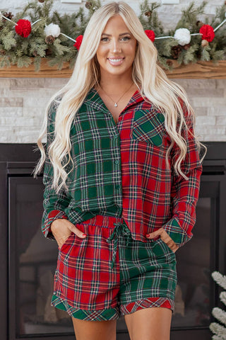 Plaid Patchwork Top and Shorts Pajama Set