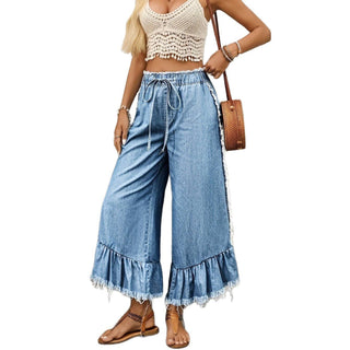Tie Drawstring Elastic Waist Wide Leg Jeans