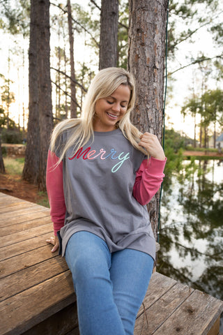 Merry 3D Embroidered Sweatshirt in Grey/Vintage Red