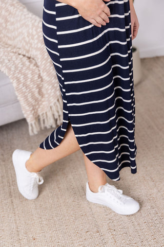 IN STOCK Reagan Ribbed Midi Dress - Midnight Navy Stripes