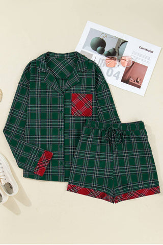 Plaid Patchwork Top and Shorts Pajama Set