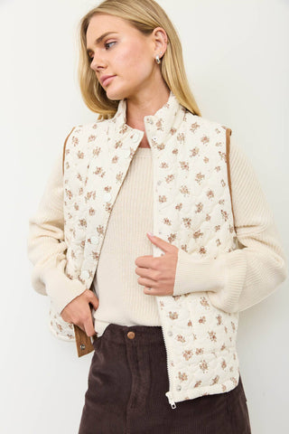 FLORAL QUILTED ZIP-FRONT MOCK NECK VEST