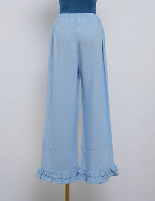 Elastic Waist Drawstring Ruffle Hem Wide Leg Pants