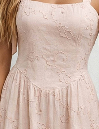 Ladies Embroidery Square Neck Tie Shoulder Strap Midi Dress