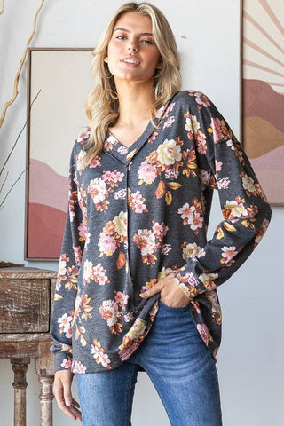 LONG PUFF SLEEVE FLORAL PRINT TOP