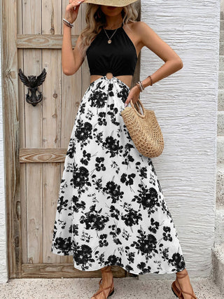 Halter Neck Cutout Maxi Dress with Floral Print Skirt