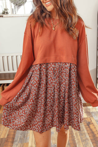 Solid Top Patchwork Floral Flared 2-in-1 Mini Dress